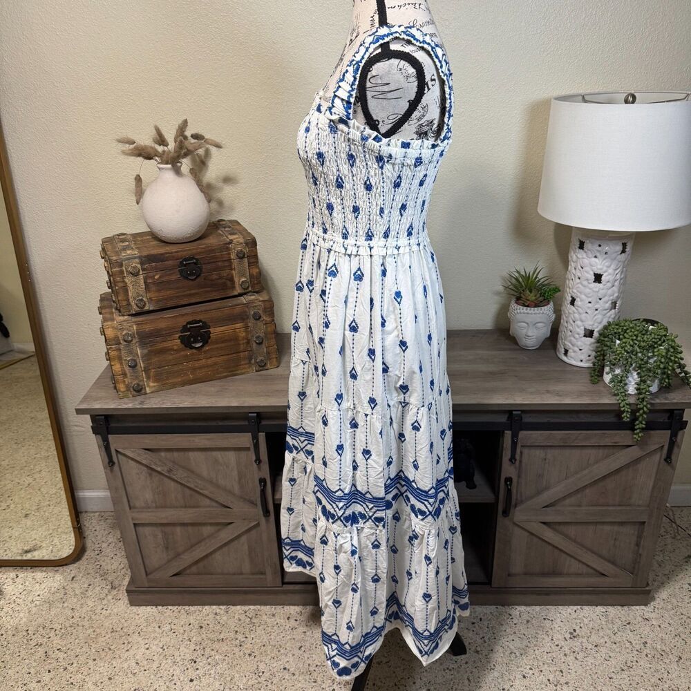 Umgee Blue/White Floral Embroidered Midi Tiered Sundress Size L Smocked Boho - Picture 4 of 8